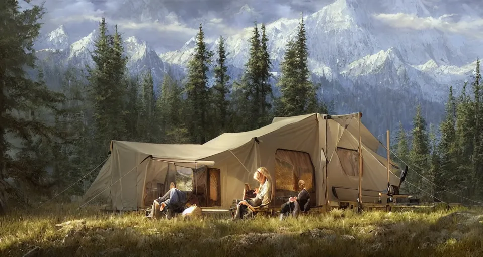 Image similar to cabela's beautiful comfortable carbon framed, modular insulated wall portable container home kit - house all weather family dwelling tent house, person in foreground, mountainous forested wilderness open fields, beautiful views, painterly concept art, environmental concept art, concept art illustration, by james gurney, by craig mullins, by greg rutkowski trending on artstation