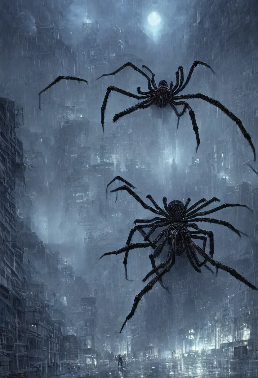 Prompt: A terrifying giant spider destroying a city, dramatic atmosphere, cinematic lighting, rain, masterpiece digital painting by Alex Grey, Greg Rutkowski, 4k wallpaper, artstation
