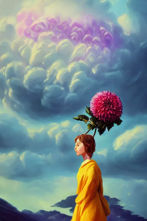 Image similar to closeup giant dahlia flower as the head, girl standing on mountain, surreal photography, blue storm clouds, dramatic light, impressionist painting, digital painting, artstation, simon stalenhag