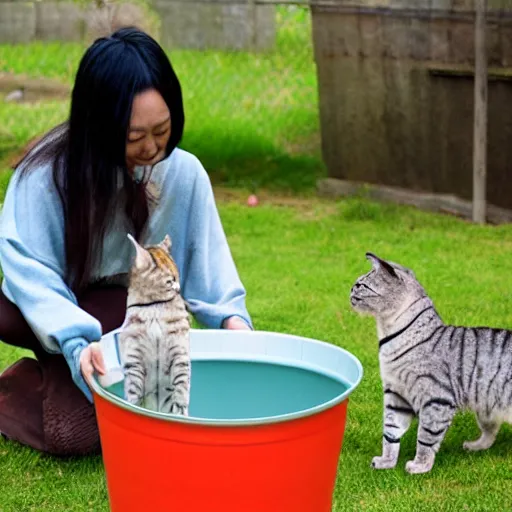 Image similar to asian jesus playing with cats with a water bucket and a whip