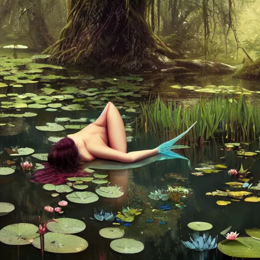 Image similar to art of a mermaid resting in a dense forest near a pond with water lilies by greg rutkowski, artgerm, artstation, wlop, 8 k,