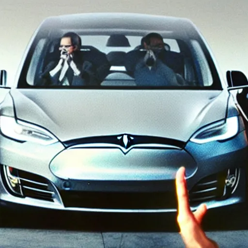 Prompt: Steve Jobs driving a Tesla car