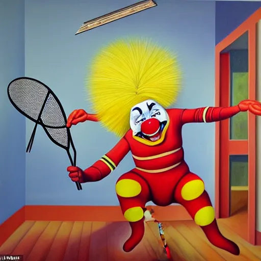 Image similar to hyperrealism painting from the housefly perspective getting swatted at from an angry and sick clown man with a fly swatter in the kitchen