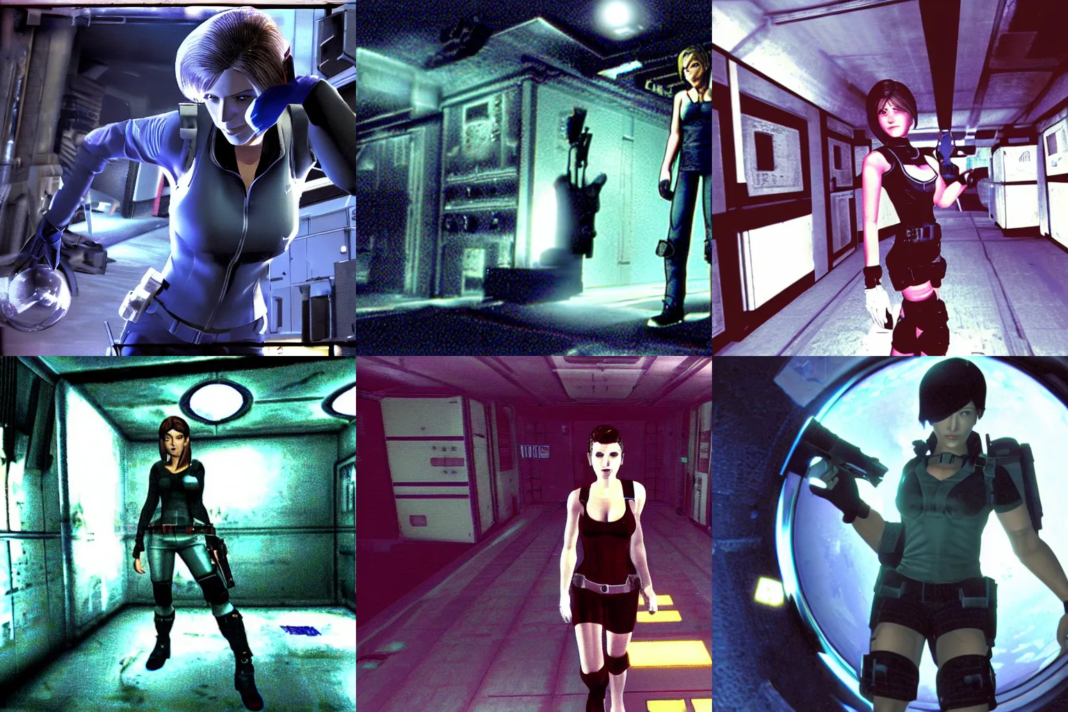 Prompt: Jill Valentine from the video game Resident Evil. She is wearing a S.T.A.R.S outfit. She is walking in a space station. evil, dark and scary atmosphere. Dreamcast survival horror game screenshot.