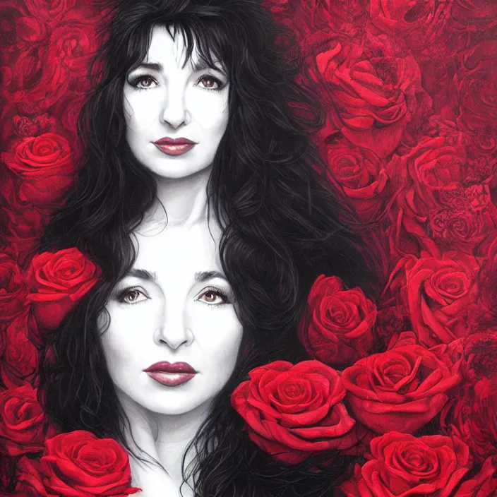 Image similar to portrait of kate bush against a red velvet background, lush black hair, pale skin, white roses, flowing material, intricate, beautiful cinematic lighting, stuning painting by artgerm and android jones