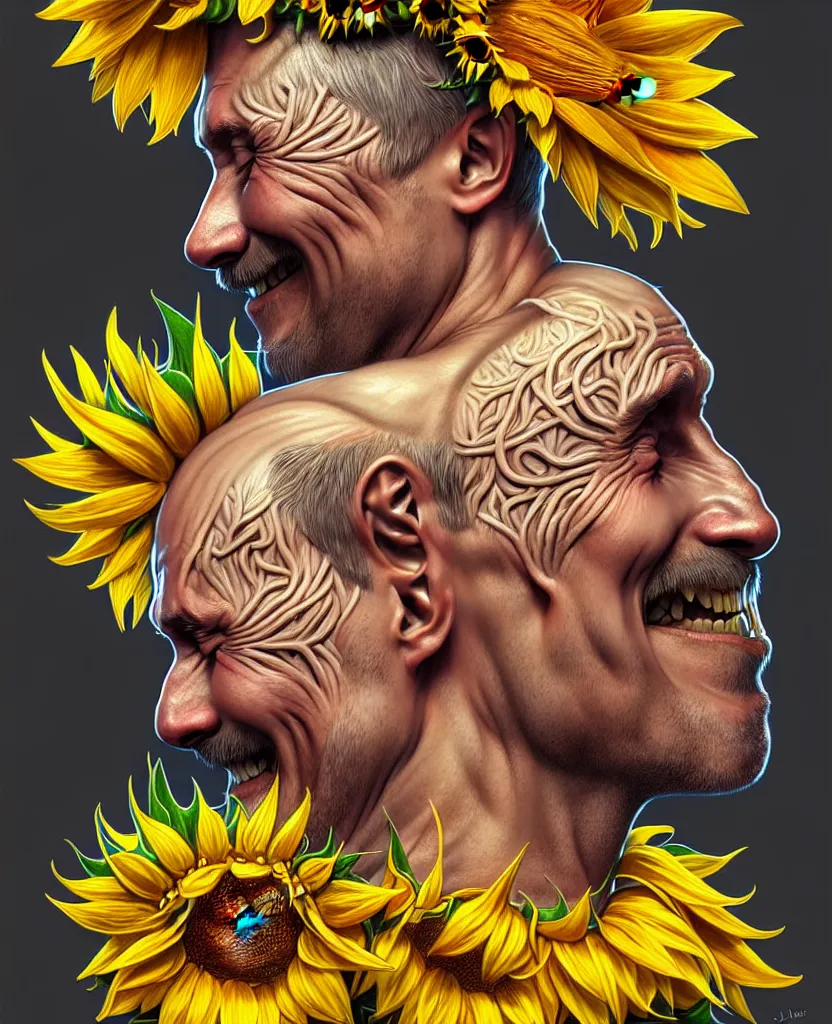 Image similar to digital art, centered full body of Putin smiling king, Sunflower crown, ,intricate, veins, by James Jean and by artgerm , by ross tran ultradetailed, charachter design, concept art, trending on artstation,