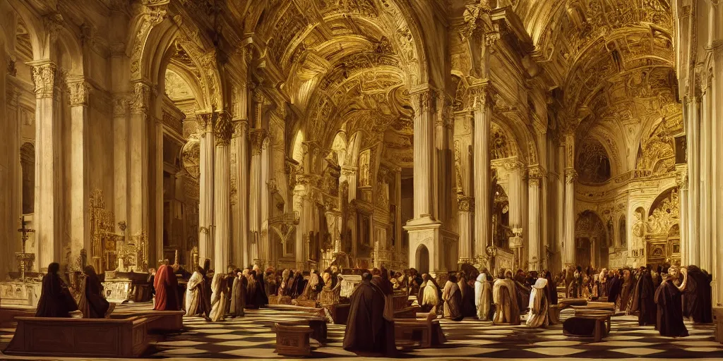 Image similar to beautiful oil matte painting, priests holding a church ceremony inside a baroque cathedral, wonderful masterpiece highly detailed, beautiful cinematic light deep focus, elegant, digital painting, smooth, sharp focus, golden ratio, dramatic illumination, ultra realistic, 8 k, art by giovanni bellini and caravaggio