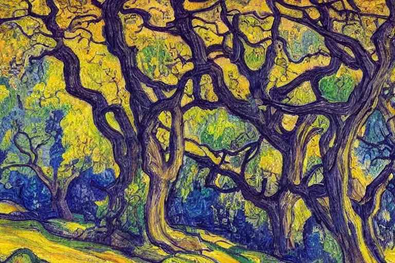 Image similar to masterpiece painting of oak trees on a hillside overlooking a creek, dramatic lighting, by arthur lismer