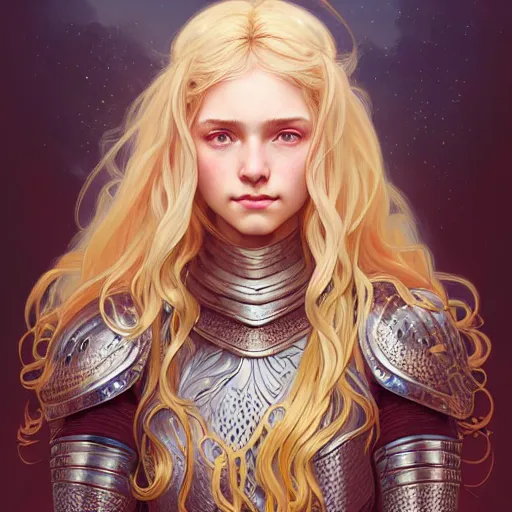 Image similar to Portrait of a girl with blonde wavy hair wearing a heavy knight armor, face, fantasy, intricate, elegant, highly detailed, digital painting, artstation, concept art, smooth, sharp focus, illustration, art by Wei Fan and Fernanda Suarez and Artem Demura and alphonse mucha