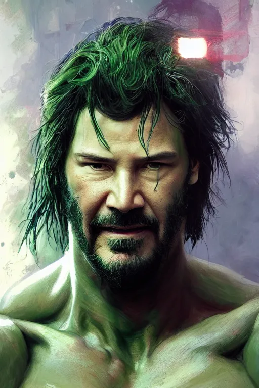 Prompt: Portrait of Keanu Reeves as green Hulk, marvel, dark, intricate, highly detailed, smooth, artstation, digital illustration by Ruan Jia and Mandy Jurgens and Artgerm and Wayne Barlowe and Greg Rutkowski and Zdislav Beksinski