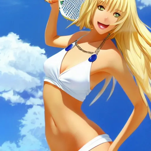 Prompt: full body shot : a very beautiful young blond tennis anime girl, sky blue eyes, large golden chain, bikini, white miniskirt, highly detailed, cinematic wallpaper by stanley artgerm lau