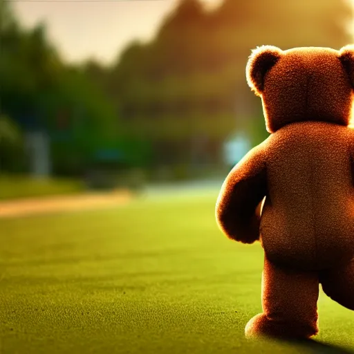 Image similar to a teddy bear with a backpack walking to school, photorealistic, close-up, 8K, 3D