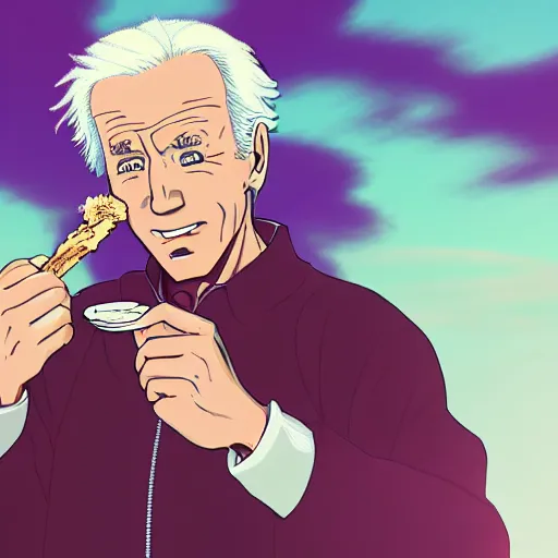 Image similar to anime joe biden eating ice cream, 3 5 mm film still, wired landscape, cyberpunk, volumetric lighting, photo realistic, digital art, anime background, violet colour palette, very detailed faces