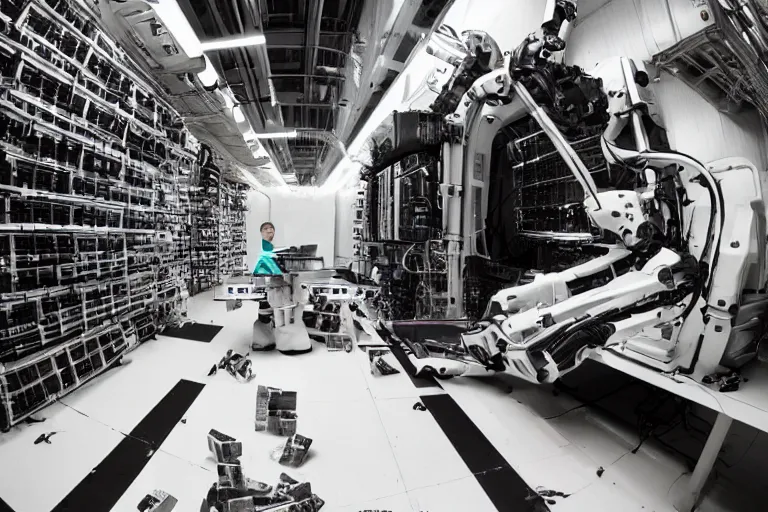 Prompt: wide - angle shot of a robot eating hard drives from a funnel