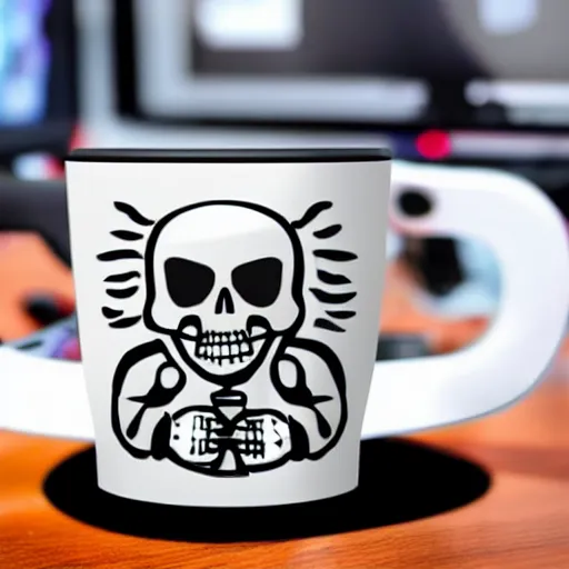 Image similar to a cup with a skeleton saying'gaming '!!! on it,'gaming '!!!