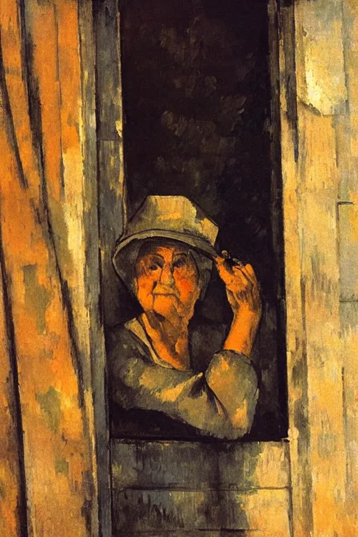 Image similar to an elderly and content italian woman leaning out of the window of an old building, smoking a cigarette, by paul cezanne, firenze, sunset, smooth, expressionist, gold, portrait