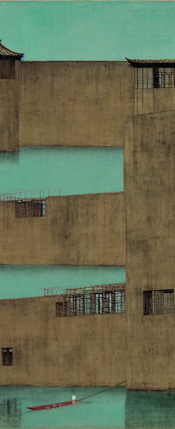 Image similar to a chinese prison near a river by peter doig, muted colors