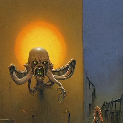 Image similar to a demonic alien screaming next to a baby nursery, beksinski, dariusz zawadzki