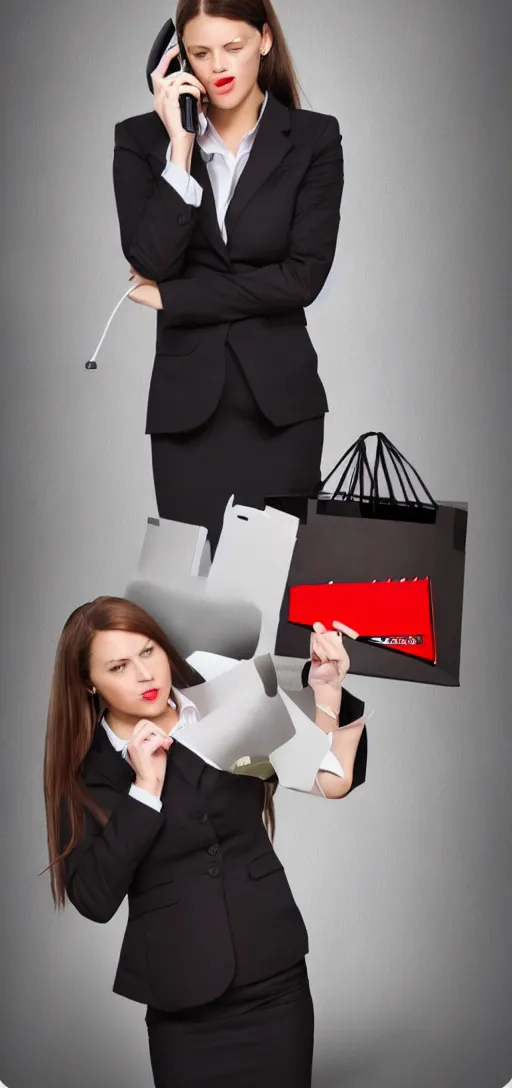 Image similar to girl on the phone, business clothing, movie poster style