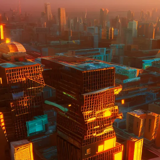Prompt: cinematic shot of a giant rusty bitcoin broken in half falling over the city, beeple style