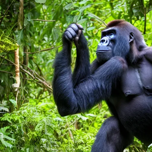 Prompt: gorilla with an elephant trunk in place of its nose, standing in the jungle