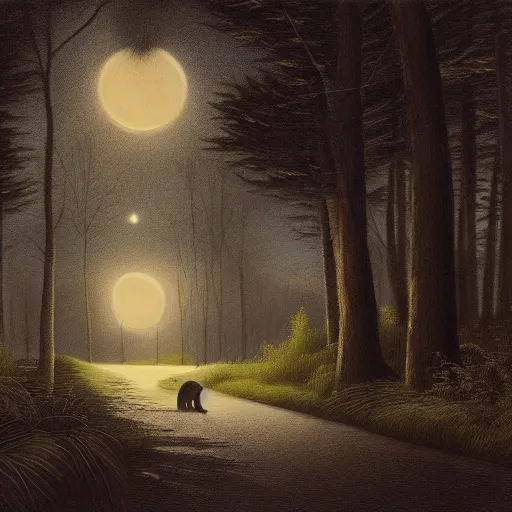 Image similar to matte painting of a tabby cat walking on a path in a dark moonlit Maine forest, serene, highly detailed, by caravaggio and alan lee, trending on artstation, 4k