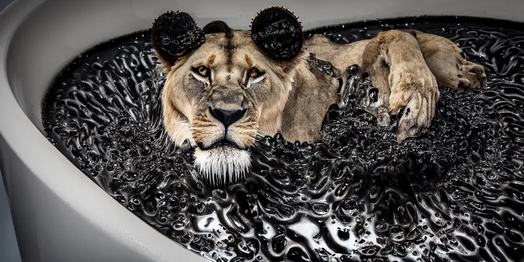 Prompt: a lioness made of ferrofluid bathing inside the bathtub full of ferrofluid at the photography studio, covered in dripping ferrofluid. dslr, wrinkles, ferrofluid, photography, realism, animal photography