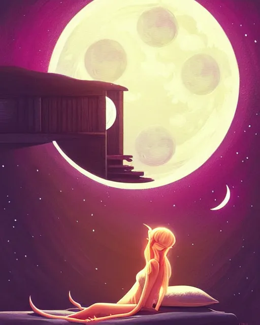 Image similar to beautiful painting of a elven sleeping on her bed with a smiling moon over her, art by mike winkelmann and by petros afshar, sky night, illustration, highly detailed, simple, smooth and clean vector curves, no jagged lines, vector art, smooth, artstation