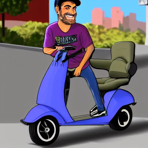 Prompt: ethan klein from h3h3 riding a mobility scooter, high quality digital art