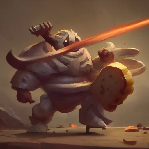 Image similar to battle toast, a slice of toasted bread with a face, arms and legs, holding a sword, cute, volumetric lighting, dynamic composition, fantasy, hyper detailed, ultra realistic, sharp focus, octane render, concept art by ruan jia and heng z and artem