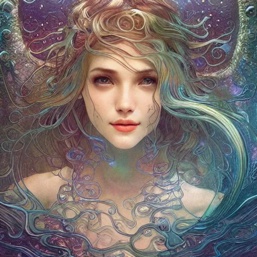 Prompt: an underwater photographic portrait of a dreaming anthropomorphic bioluminescent water wave, fantasy, intricate, elegant, highly detailed, digital painting, artstation, concept art, smooth, sharp focus, illustration, art by artgerm and h r giger and alphonse mucha