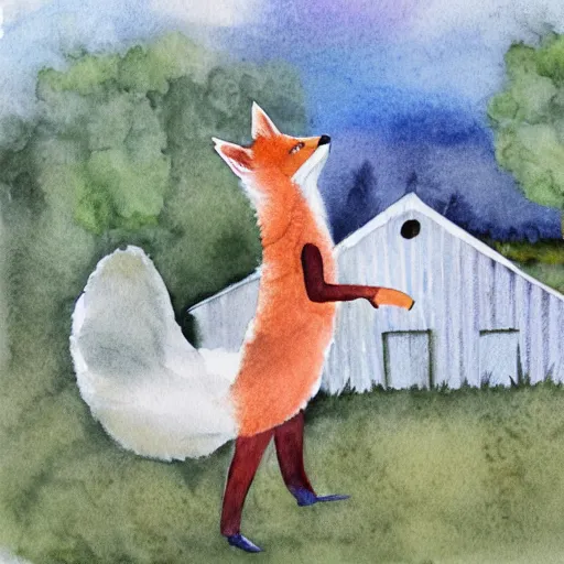 Image similar to a red fox dancing with a white chicken in front of a hen house, watercolor illustration,