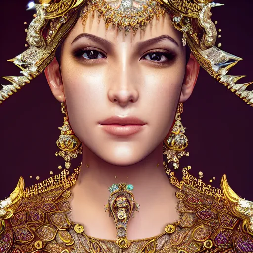 Image similar to portrait of pretty princess with perfect skin, glowing, ornate and intricate diamond jewelry, jaw dropping beauty, ornate and intricate backdrop, white accent lighting, hyper detailed, 4 k octane render