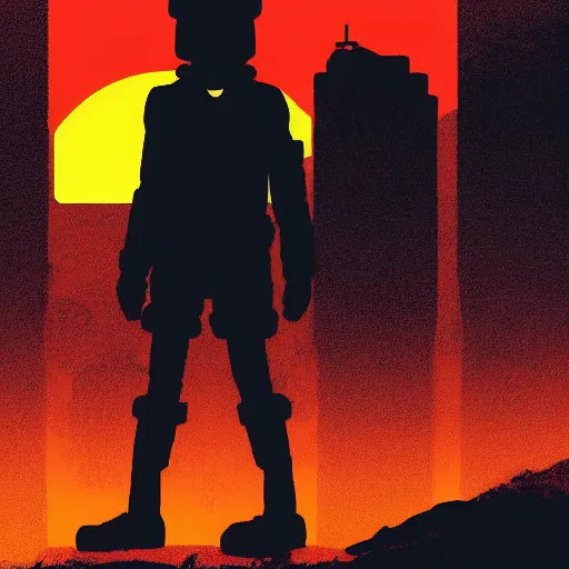 Prompt: in the style of max prentis and deathburger and laurie greasley a silhouette of a young explorer wearing a cyberpunk headpiece sitting on the head of a giant robot watching the sunset in the distance, highly detailed, 8k wallpaper