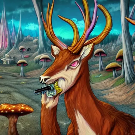 Image similar to 4 k headshot portrait of a psychedelic demonic anthropomorphic deer - horned wendigo smoking a hand - rolled cigarette smoking heavily, magic mushroom village in background. award winning. superb resolution. in the art style of junji ito and greg rutkowski. detailed mushroom city in background. hyper realistic anime. perfect art. dalle 2