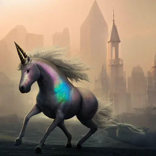 Prompt: a iridescent unicorn is injured, footsteps of blood follows behind it, toxic glowing smog in the sky, ultra realistic, concept art, intricate details, highly detailed, photorealistic, octane render, 8 k, style of mary jackson