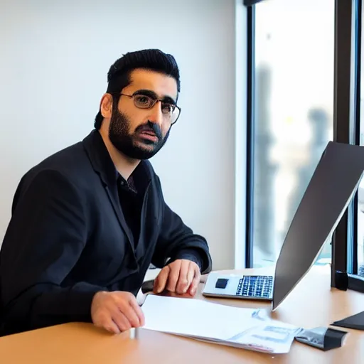 Image similar to photo of emad sitting at his desk in the stability. ai office, highly detailed, extremely high quality, hd, 4 k, 8 k, professional photographer, 4 0 mp, lifelike, top - rated, award winning, cinematic, realistic, detailed lighting, detailed shadows, sharp, no blur, edited, corrected, trending