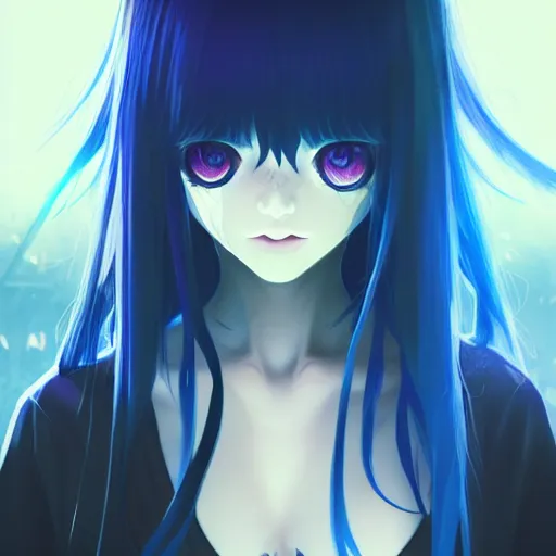 Image similar to two amber eyes, long blue - haired girl, bangs, gothic, anime character, noir, screenshot, anime, sharp focus, intricate, illustration, cell shaded, digital painting, highly detailed, concept art, matte, art by ilya kuvshinov, wlop, greg rutkowski, studio quality, james jean, artem demura