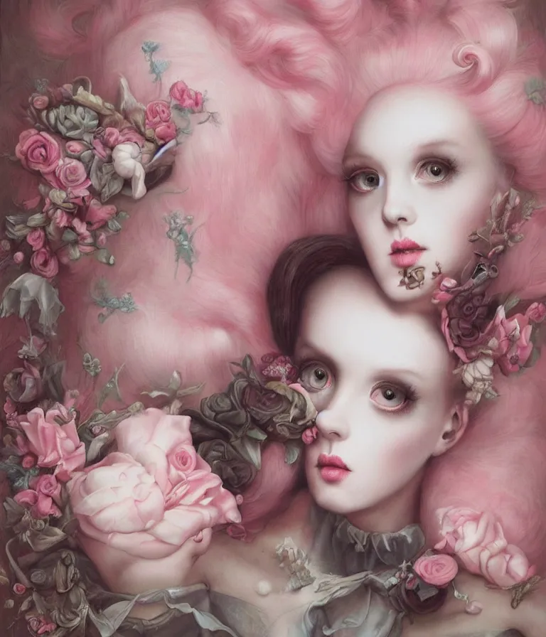 Prompt: pop surrealism, lowbrow art, realistic marie antoinette girl painting, pink body harness, hyper realism, muted colours, rococo, natalie shau, loreta lux, tom bagshaw, mark ryden, trevor brown style