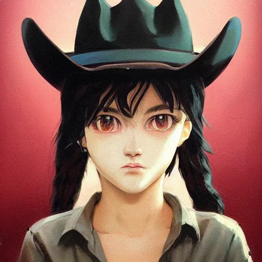 Image similar to A cowboy cat with big and cute eyes, fine-face, realistic shaded perfect face, fine details. realistic shaded lighting poster by Ilya Kuvshinov katsuhiro otomo ghost-in-the-shell, magali villeneuve, artgerm, Jeremy Lipkin and Michael Garmash, Rob Rey and Kentarõ Miura style, trending on art station