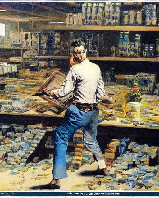 Image similar to Snake Oil salesman shredding on a Gibson Les Paul in a snake oil warehouse, painting by Frank Frazetta