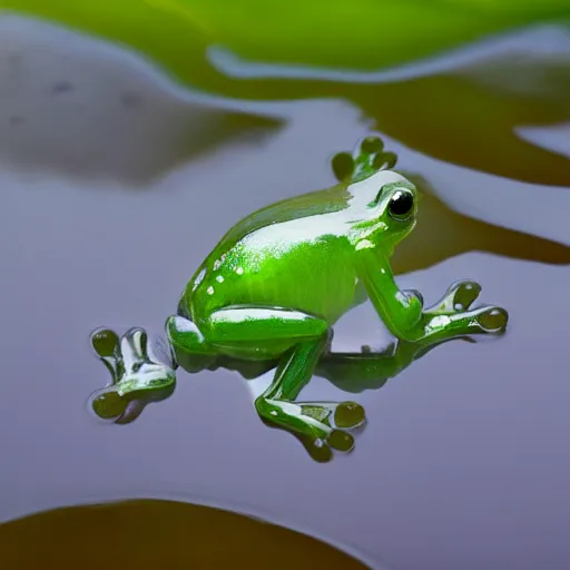 Prompt: a transparent glass frog in a liquid metal pond