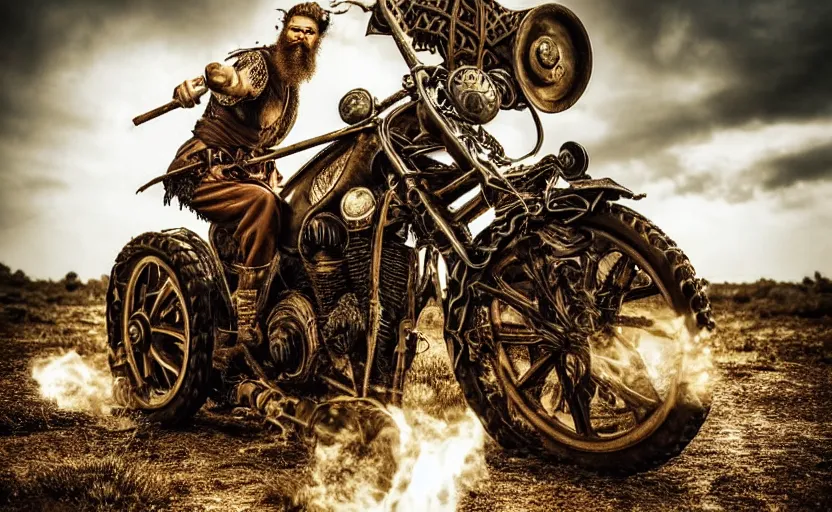 Image similar to old vintage full body photo of ancient viking warrior with full beard riding on the complex steam punk engine with one wheel, extreme sports photography ,super high speed photography, dynamic photography,symmetrical face, clean face, muscular body, high speed,dirt and grawel in air, lens flares, dust partiles in the air, dramatic lighting, intricate, highly detailed, centered, smooth, sharp focus, sports photography, old photo, black and white, sepia, cinematic lighting, cinematic angle, national geographic