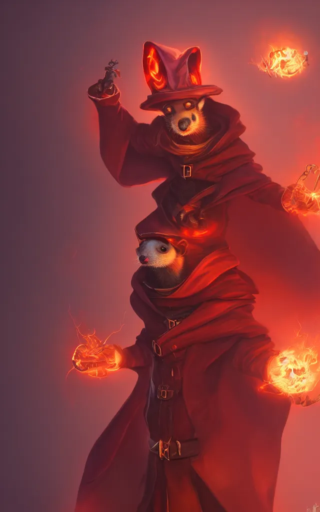 Image similar to a anthropomorphic ferret is a dark warlock dressed red robes, he's very menacing and evil, he's holding a fireball, hyperdetailed, artstation, cgsociety, 8 k