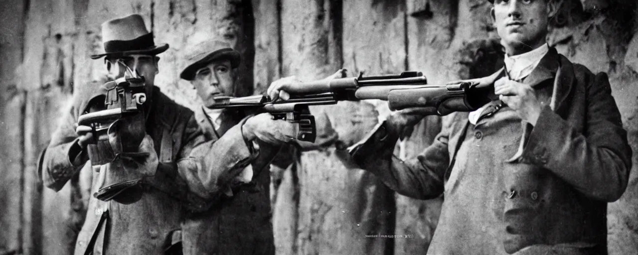 Image similar to 1 9 2 0's gangster shooting with a tommy gun made of spaghetti, canon 5 0 mm, high detailed face, facial expression, cinematic lighting, photography, retro, film, kodachrome