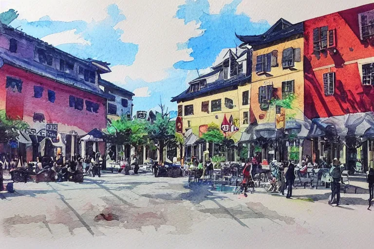 Prompt: !! watercolor!! townsquare in a sunny day, artwork by tooth wu, colorful high contrast,!! very coherent!!, dark shadow, thick lineart