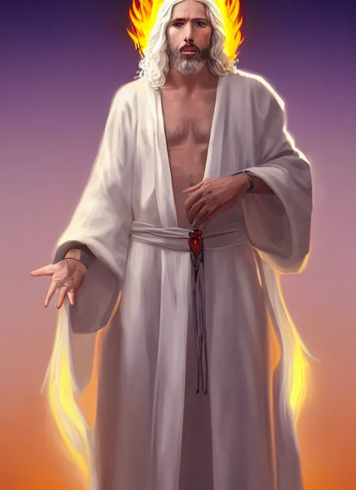 Image similar to « portrait of the white - haired jesus in a white robe and flaming yellow eyes, holding seven stars in right hand, high - contrast, intricate, elegant, highly detailed, digital painting, artstation, concept art, smooth, illustration »