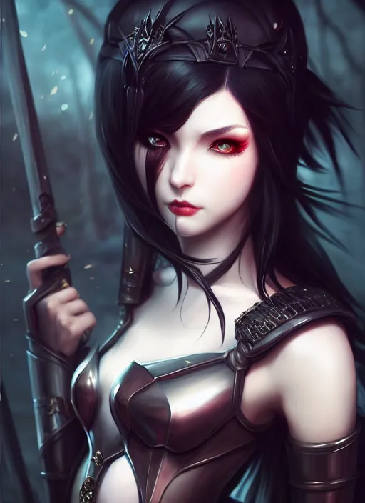 Image similar to full plate armor!!! beautiful and elegant dark hair female vampire!! gorgeous ayes!! character concept art, sharp focus, octane render! unreal engine 5! highly rendered!! trending on artstation!! detailed linework!! illustration by artgerm, wlop, and chie yoshii