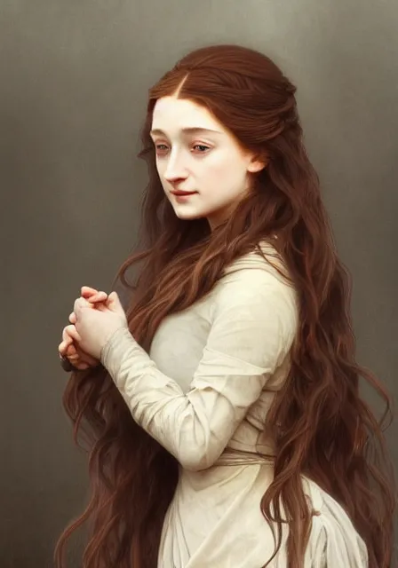 Prompt: portrait of little bird sansa stark with long hair, intricate, elegant, highly detailed, digital painting, artstation, concept art, smooth, sharp focus, illustration, art by artgerm and greg rutkowski and alphonse mucha and william - adolphe bouguereau