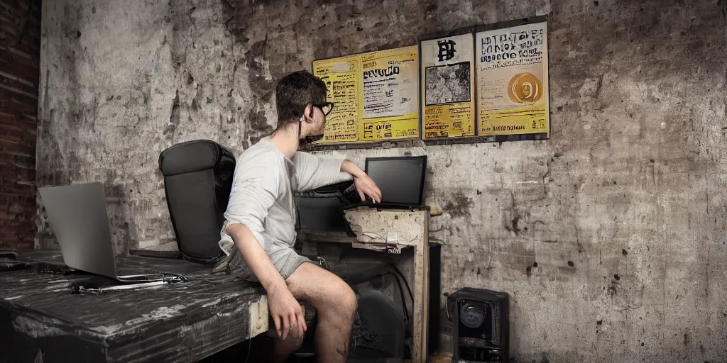 Image similar to typical cryptocurrency nerd, sitting in front of the computer, shilling, dark basement decay, bitcoin poster in background, fat and dirty, scruffy looking, claustrophobia, humidity in walls, award - winning photomanipulation